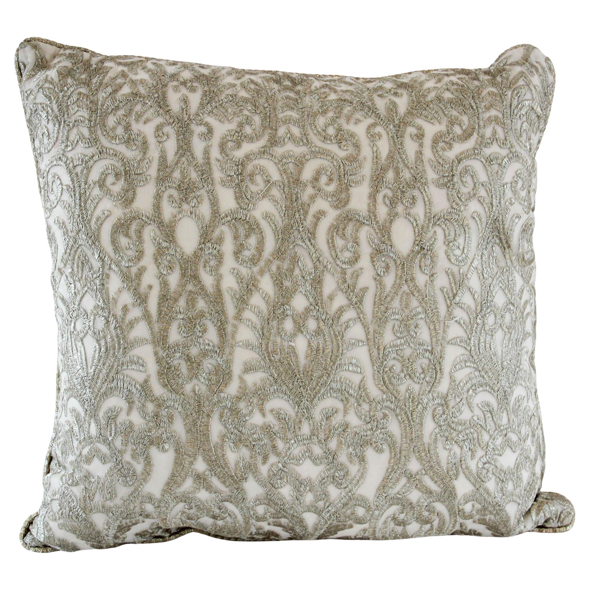 Turkish Moorish Ottoman Style Throw Pillow with Silver Metallic Embroidery For Sale