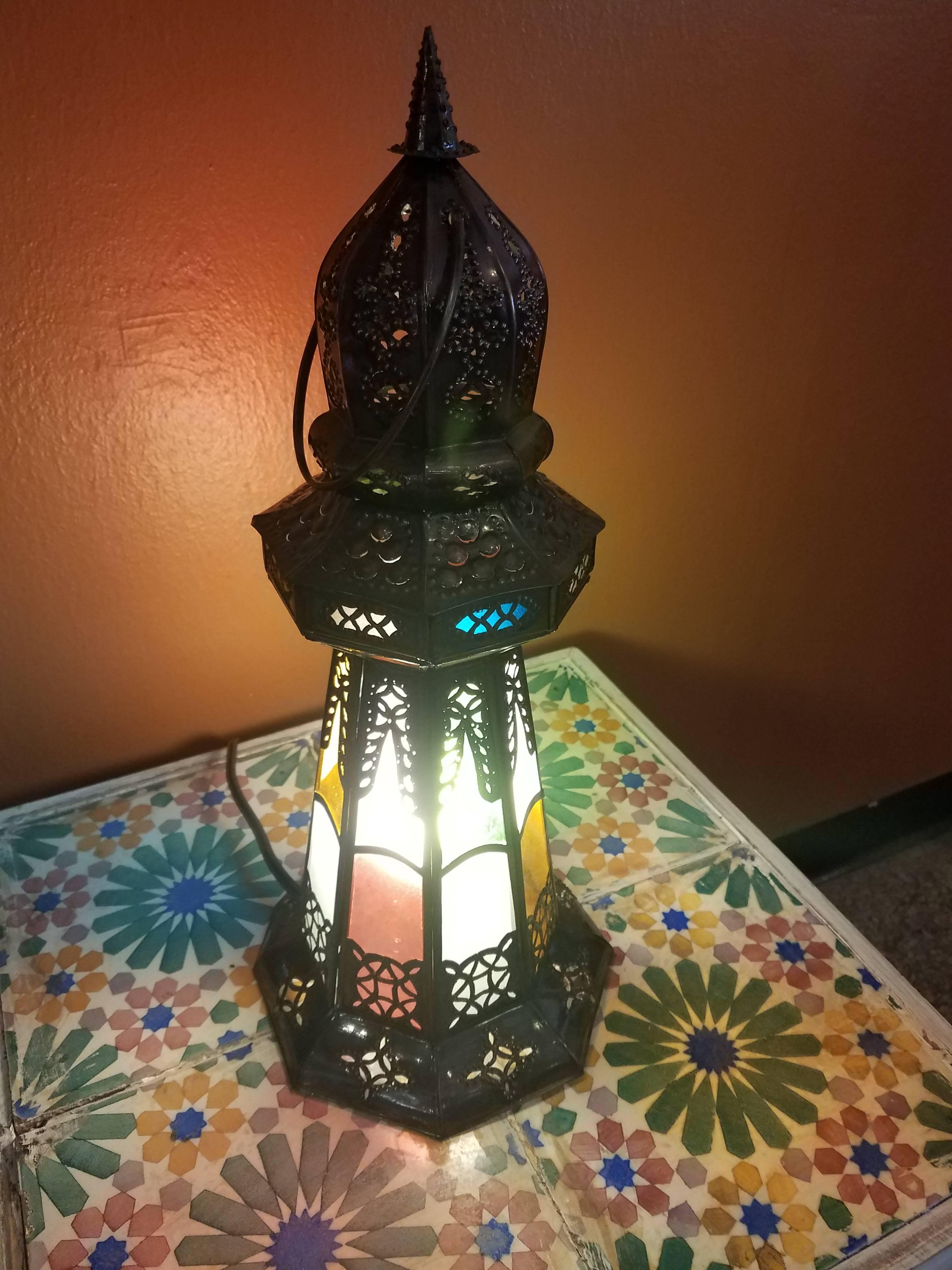 Turkish Moroccan Lighthouse Lantern, Multi-Color Glass In Excellent Condition For Sale In Orlando, FL