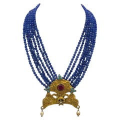 Turkish Multi-Strand Antique Style Chrysoprase Necklace with Ruby Pendant