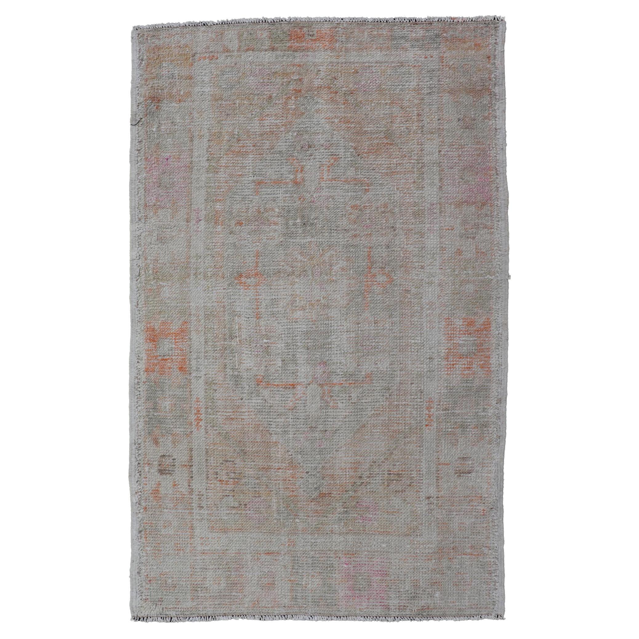 Turkish Muted Colored Oushak Rug is Subdued Medallion Design For Sale