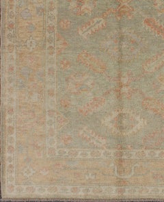 Turkish New Oushak Rug with Green, Neutral Colors and All-Over Flower Design