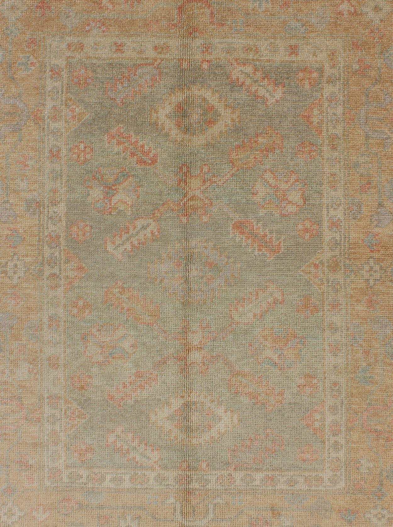 Hand-Knotted Turkish New Oushak Rug with Green, Neutral Colors and All-Over Flower Design For Sale