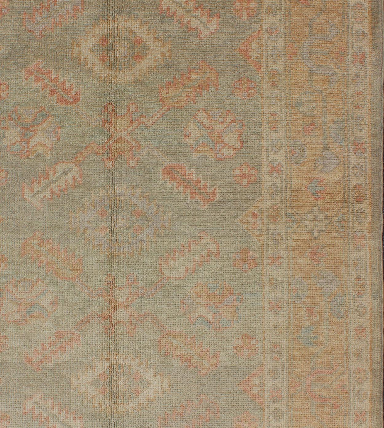 Turkish New Oushak Rug with Green, Neutral Colors and All-Over Flower Design In New Condition For Sale In Atlanta, GA