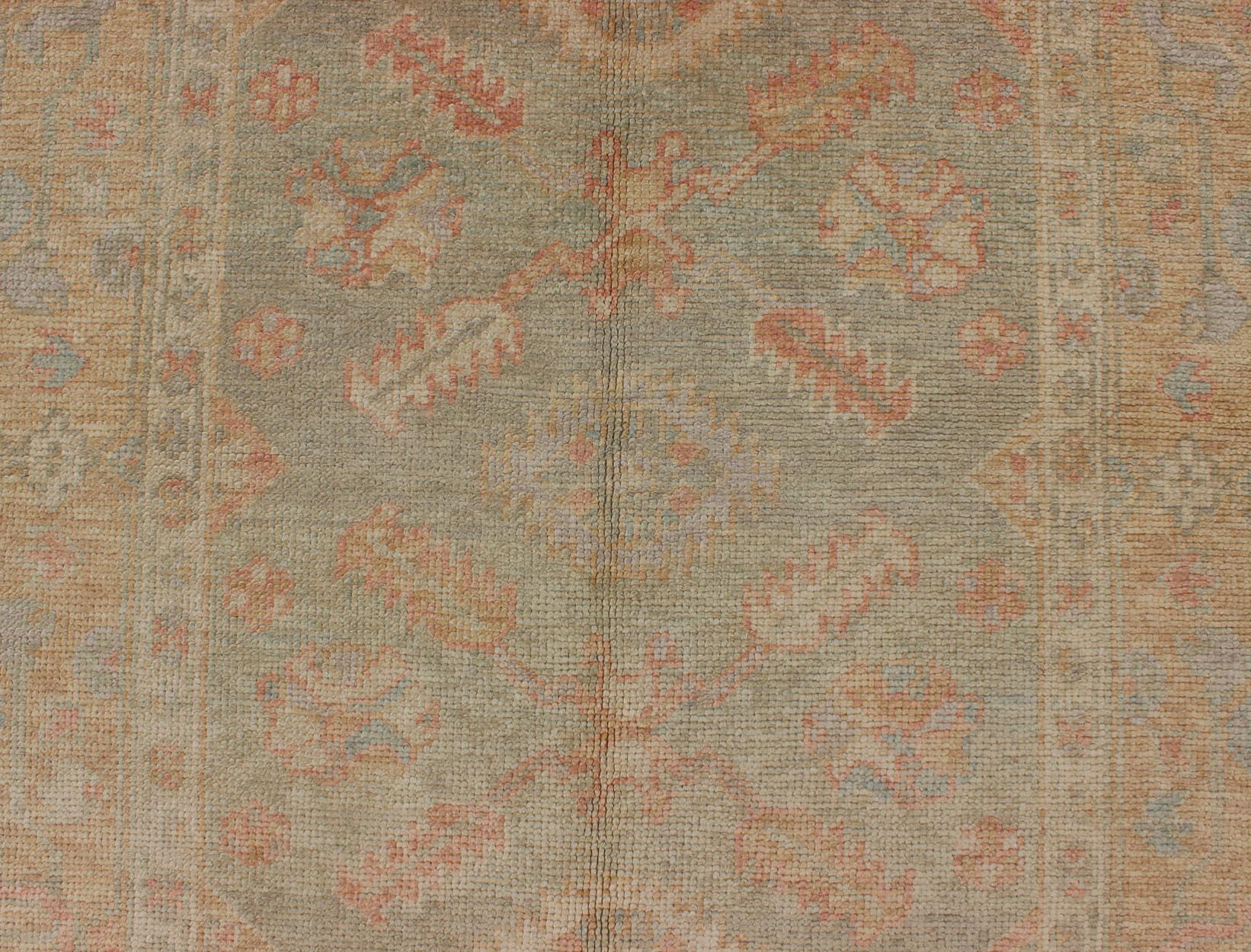 Wool Turkish New Oushak Rug with Green, Neutral Colors and All-Over Flower Design For Sale