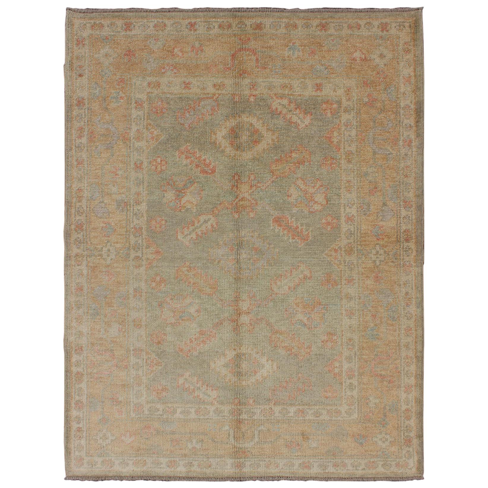 Turkish New Oushak Rug with Green, Neutral Colors and All-Over Flower Design
