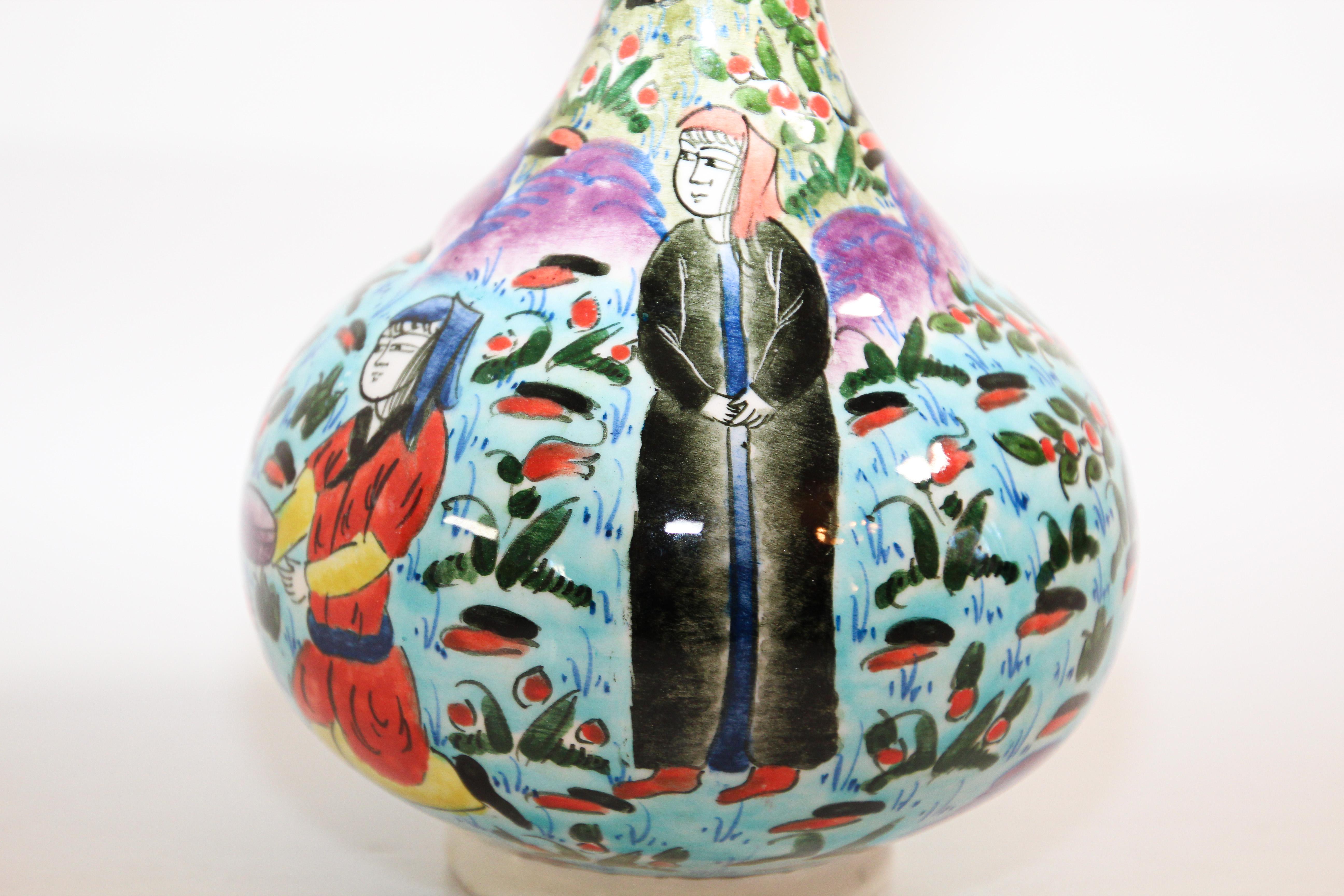 Moorish Turkish Ottoman Scene Polychrome Hand Painted Ceramic Vase Kutahya For Sale