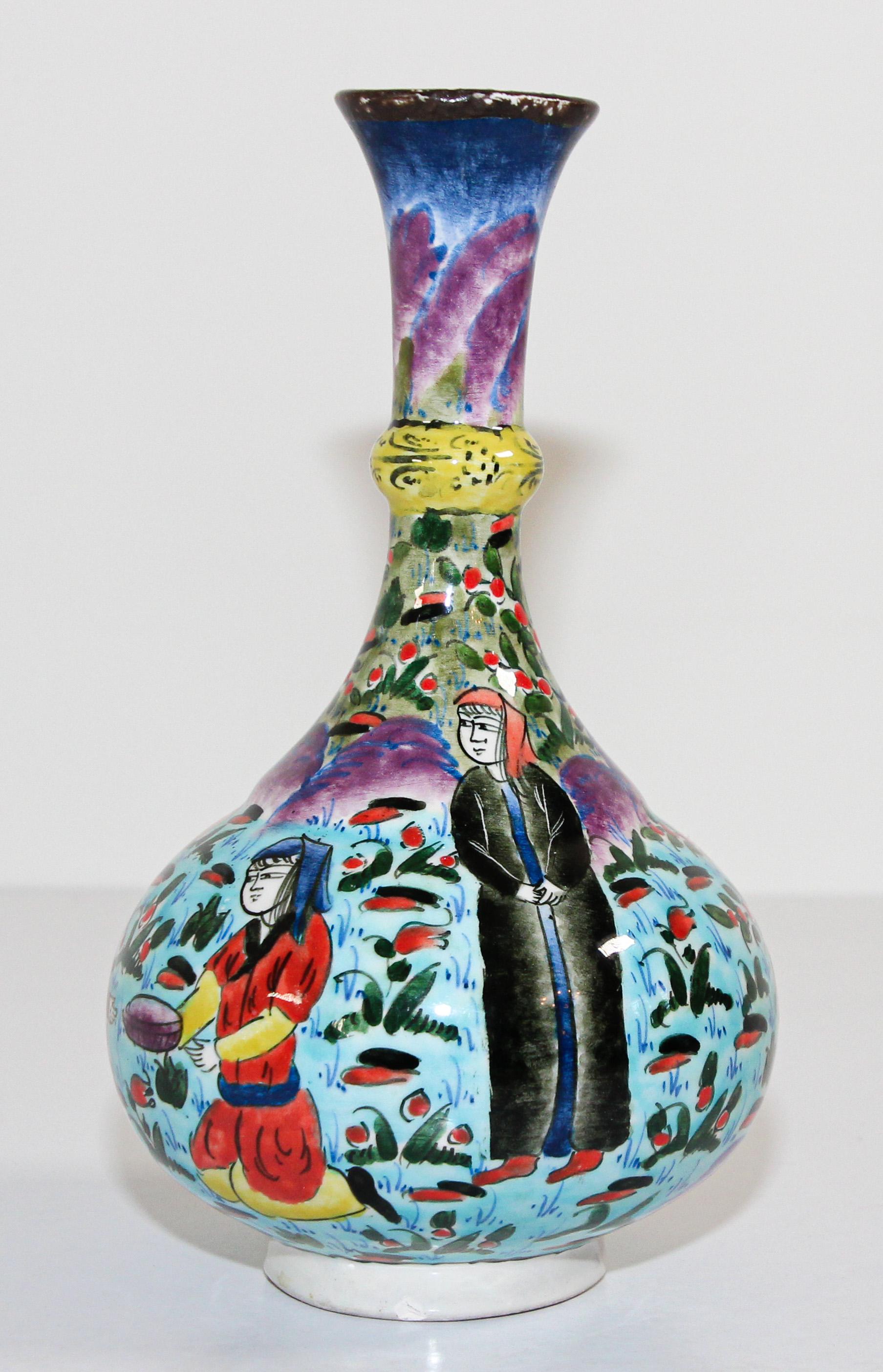 Turkish Ottoman Scene Polychrome Hand Painted Ceramic Vase Kutahya In Good Condition For Sale In North Hollywood, CA