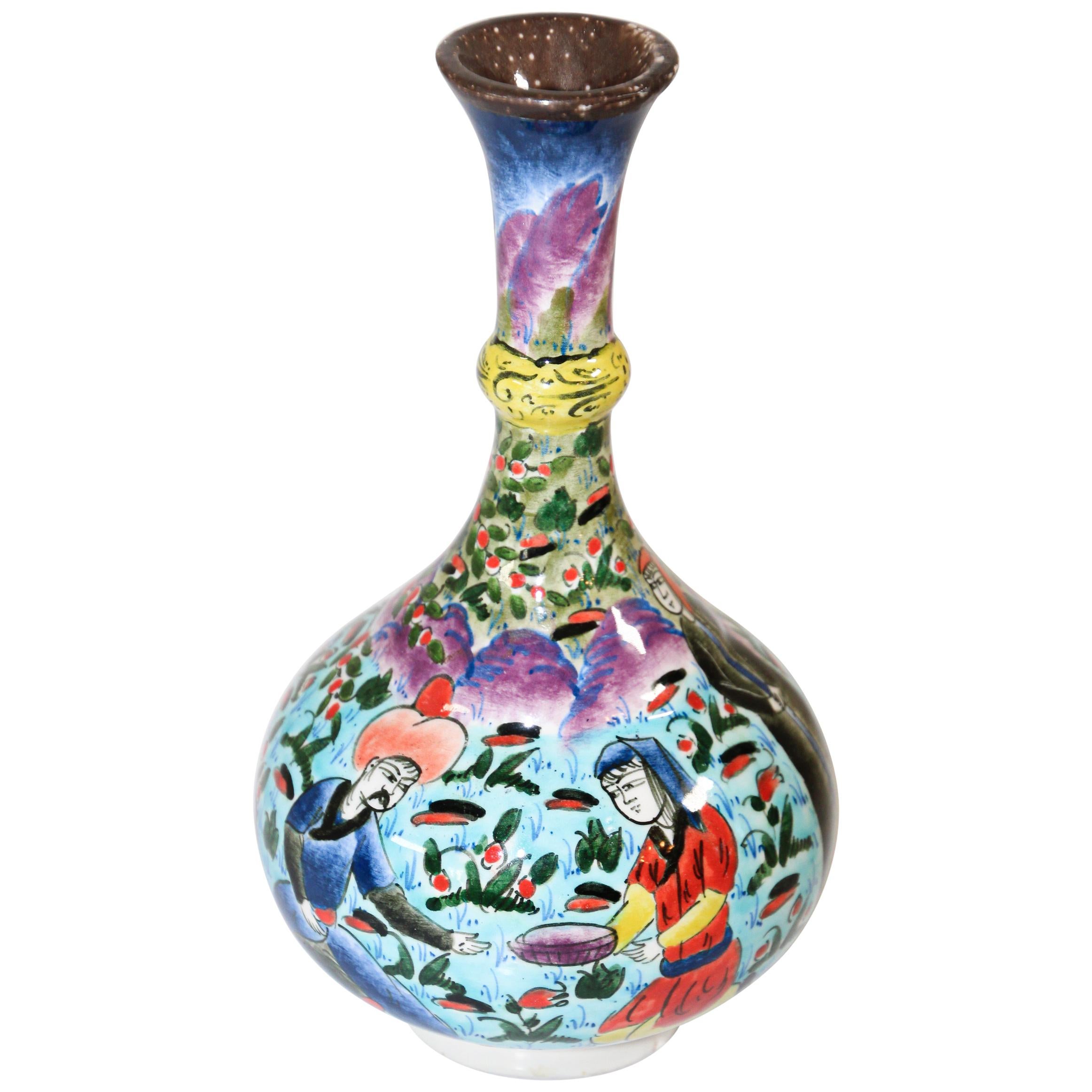 Turkish Ottoman Scene Polychrome Hand Painted Ceramic Vase Kutahya For Sale