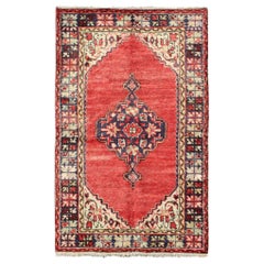 Turkish Oushak Antique Carpet with Center Medallion Design in Red and Charcoal
