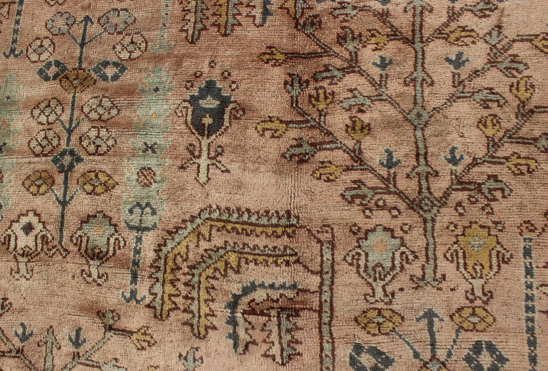 Turkish Oushak Antique Rug with Botanical Design in Salmon, Blue and Brown 4