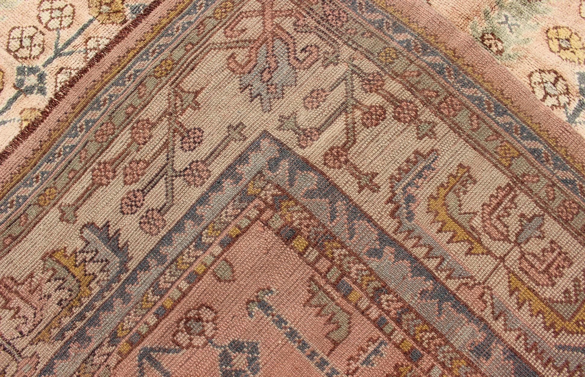 Turkish Oushak Antique Rug with Botanical Design in Salmon, Blue and Brown 8