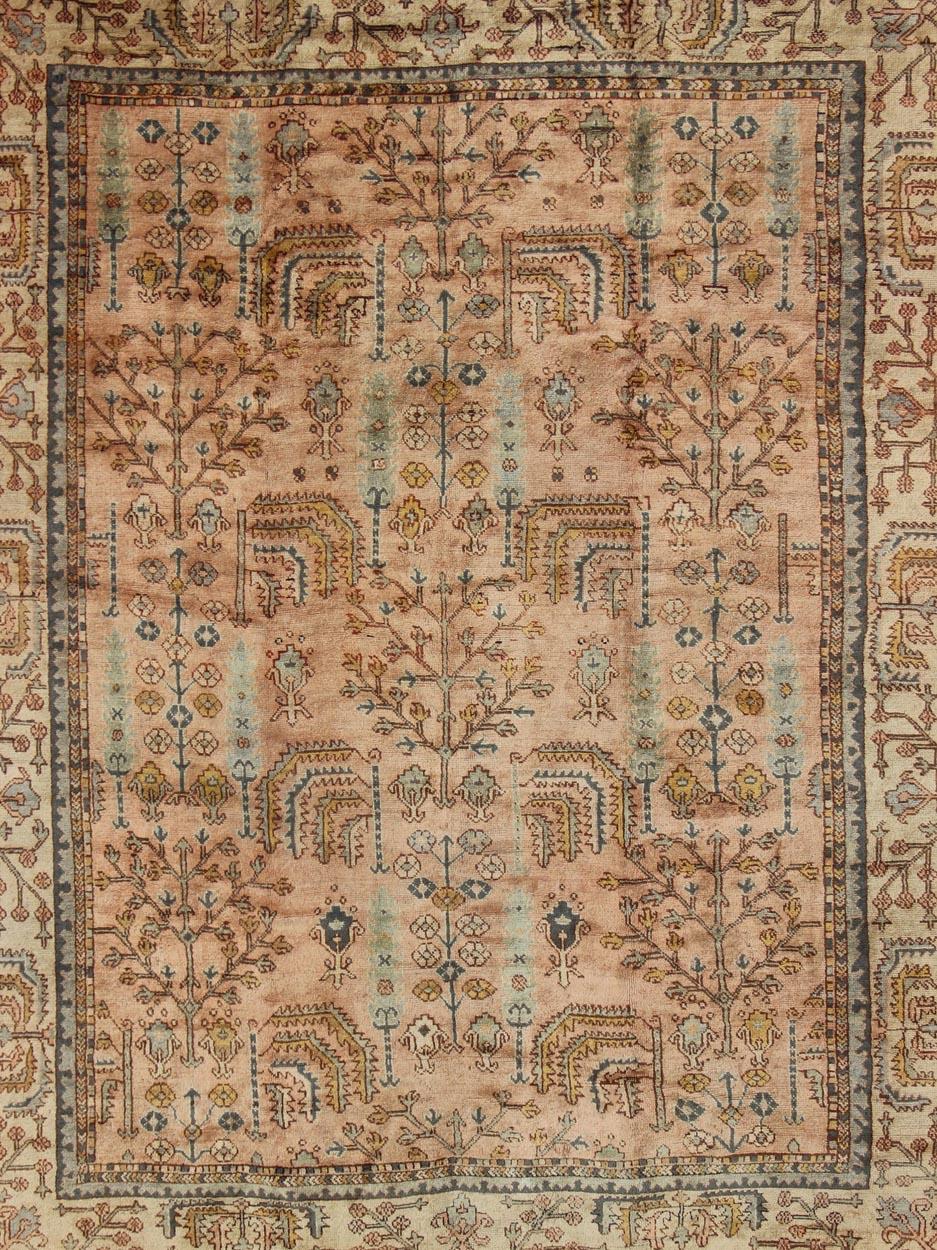 Hand-Knotted Turkish Oushak Antique Rug with Botanical Design in Salmon, Blue and Brown
