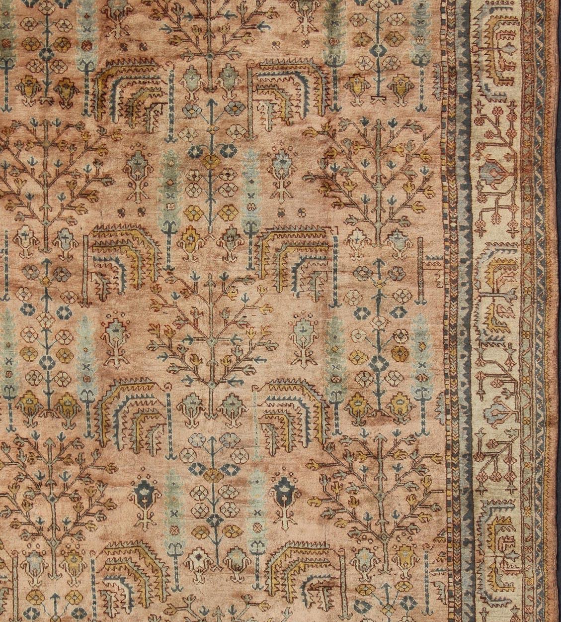 Turkish Oushak Antique Rug with Botanical Design in Salmon, Blue and Brown In Excellent Condition In Atlanta, GA