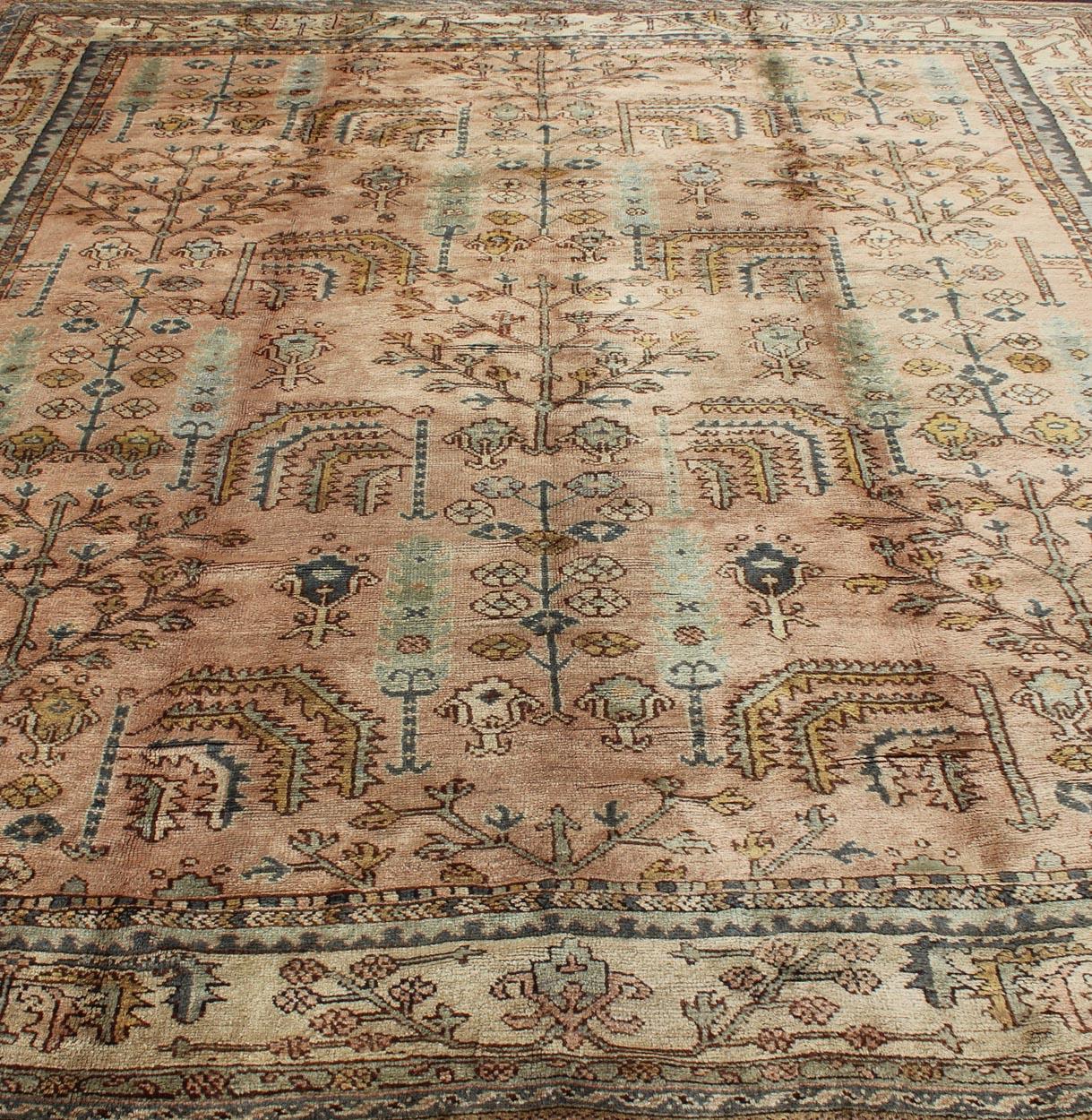 Wool Turkish Oushak Antique Rug with Botanical Design in Salmon, Blue and Brown