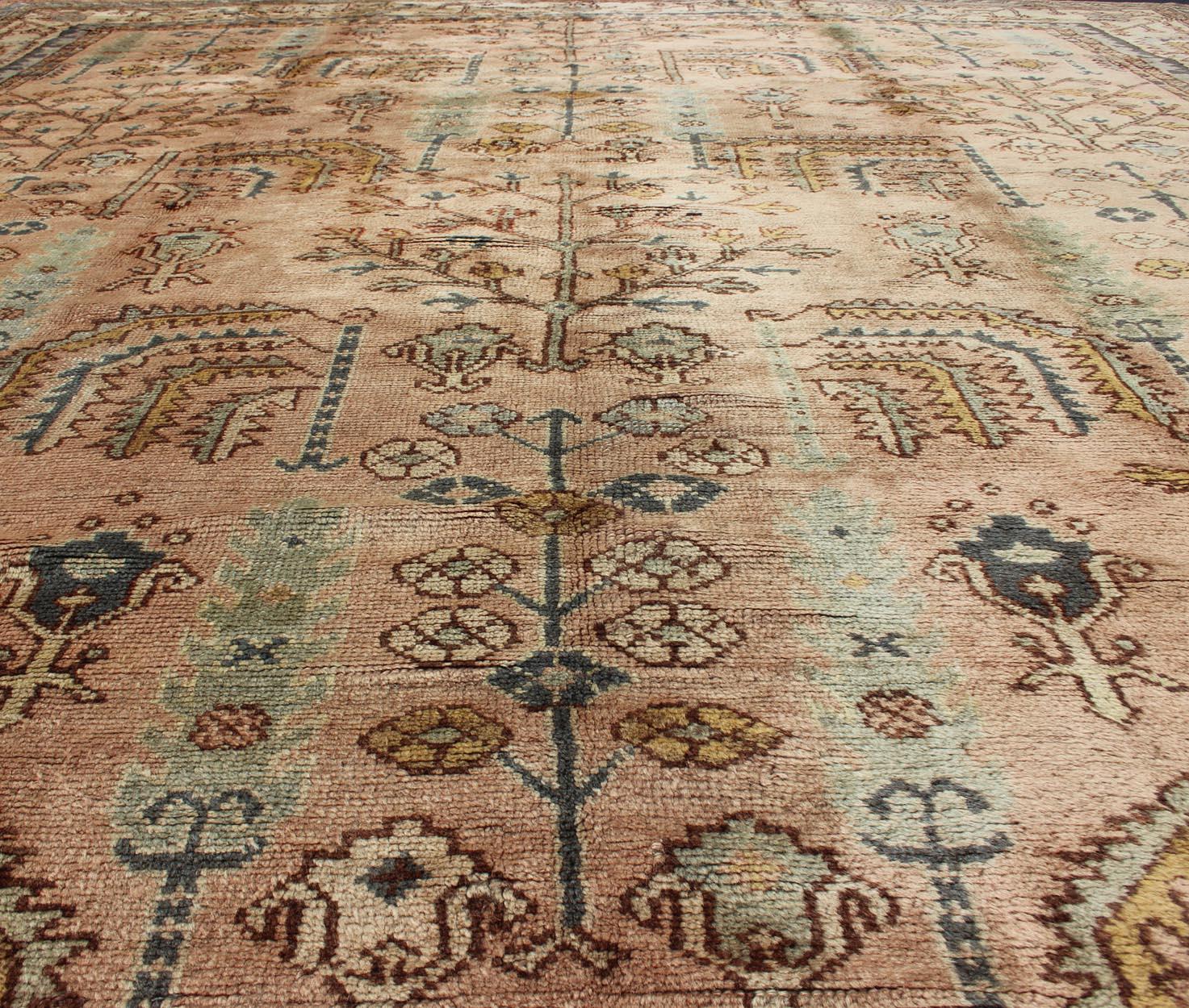 Turkish Oushak Antique Rug with Botanical Design in Salmon, Blue and Brown 1