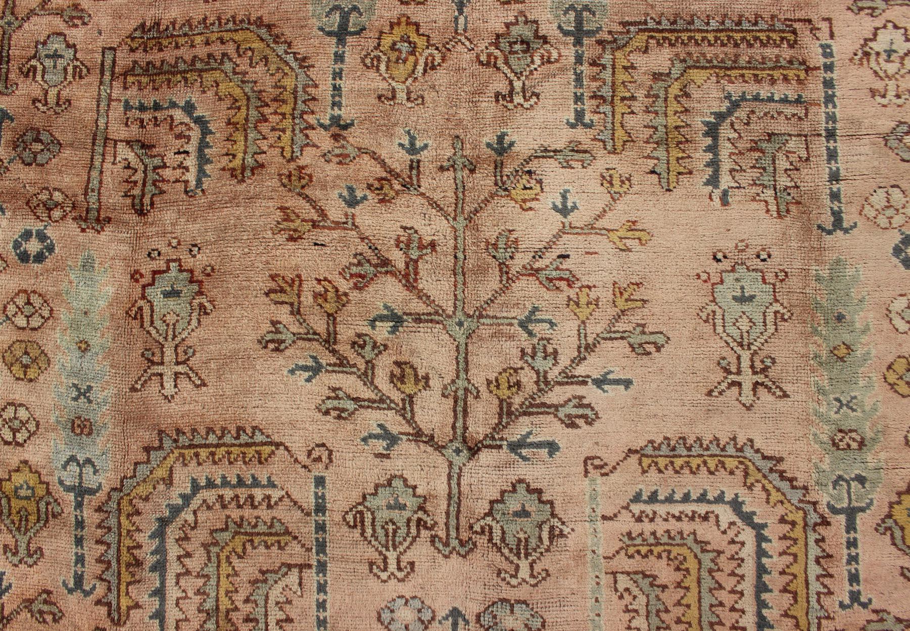 Turkish Oushak Antique Rug with Botanical Design in Salmon, Blue and Brown 2