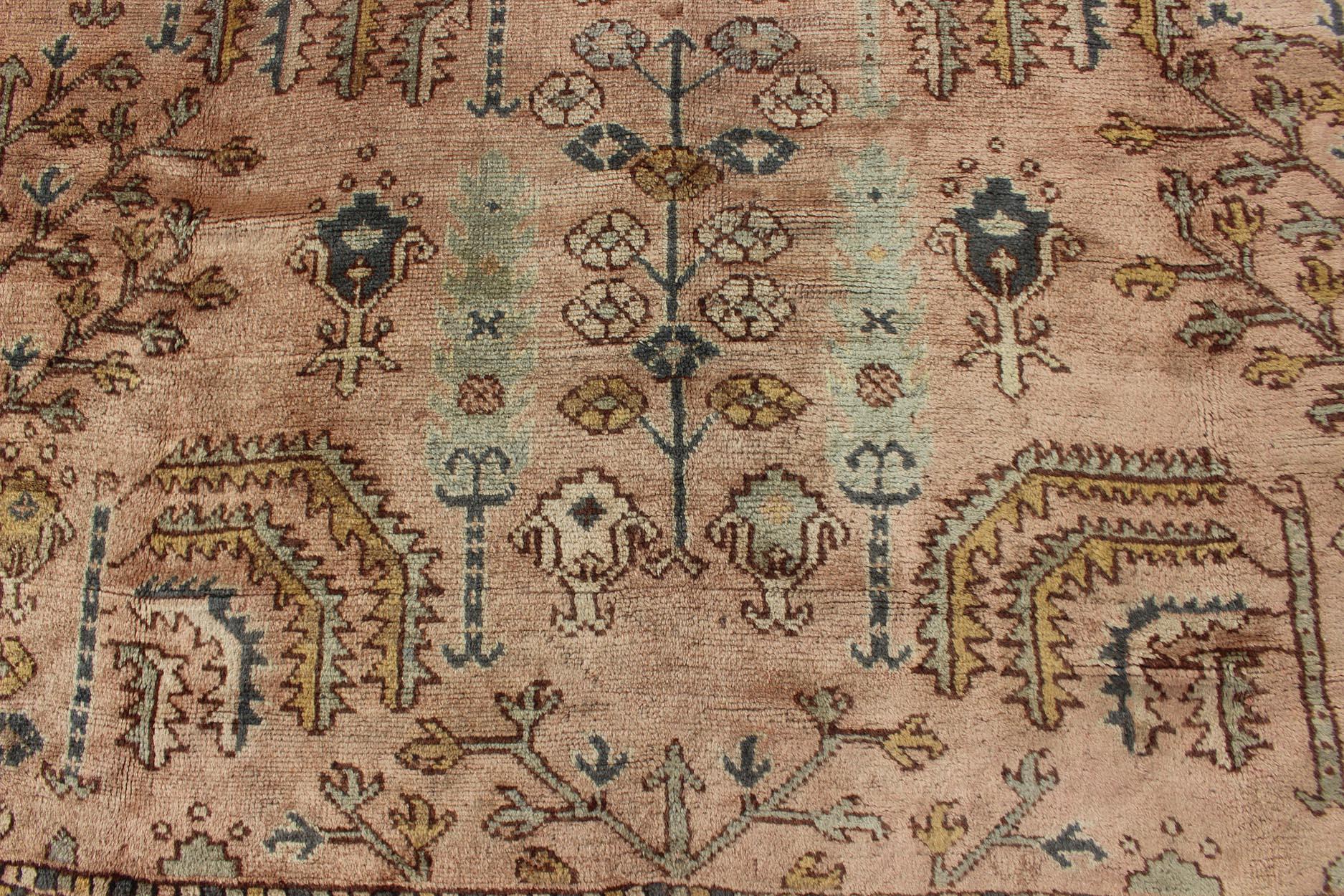 Turkish Oushak Antique Rug with Botanical Design in Salmon, Blue and Brown 3