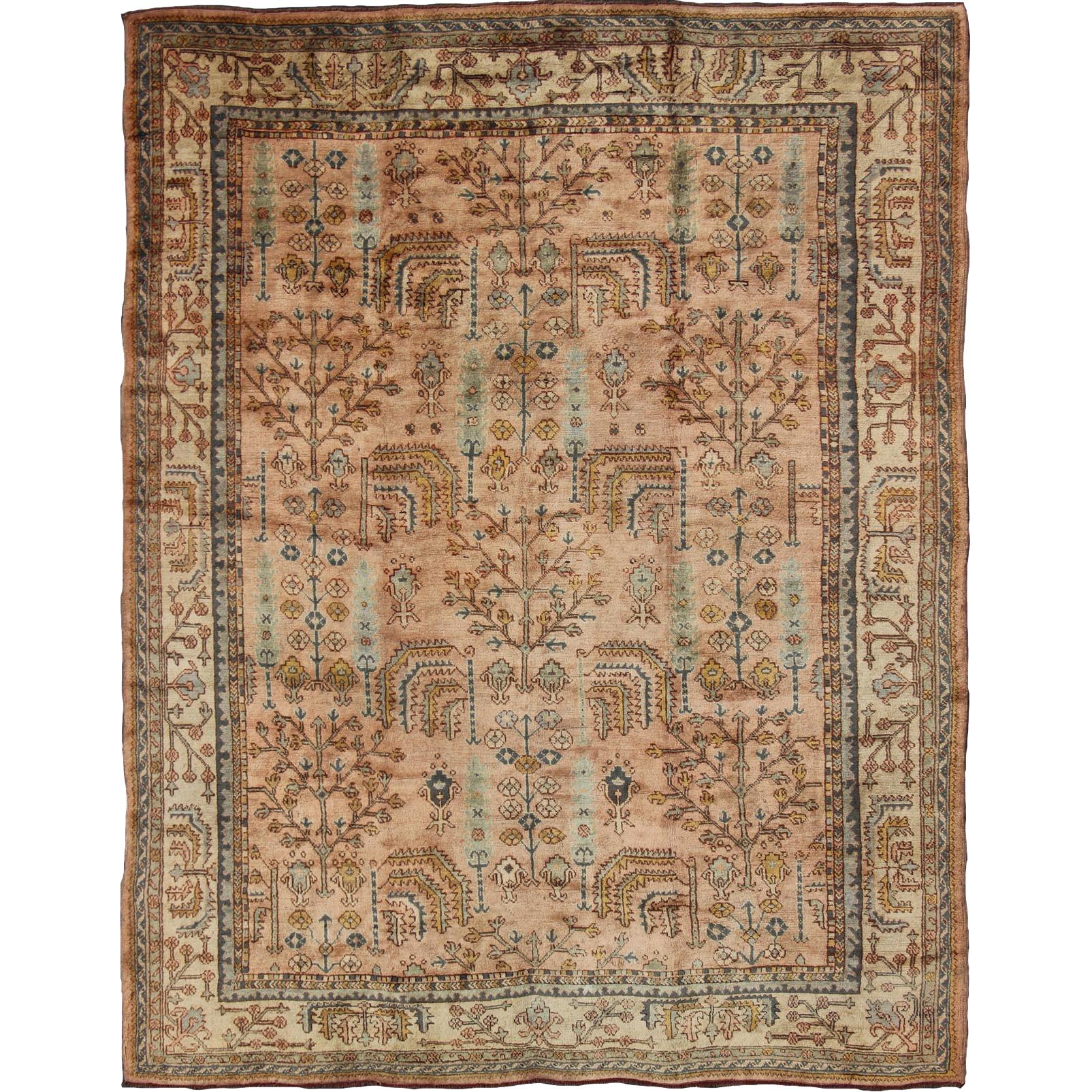 Turkish Oushak Antique Rug with Botanical Design in Salmon, Blue and Brown