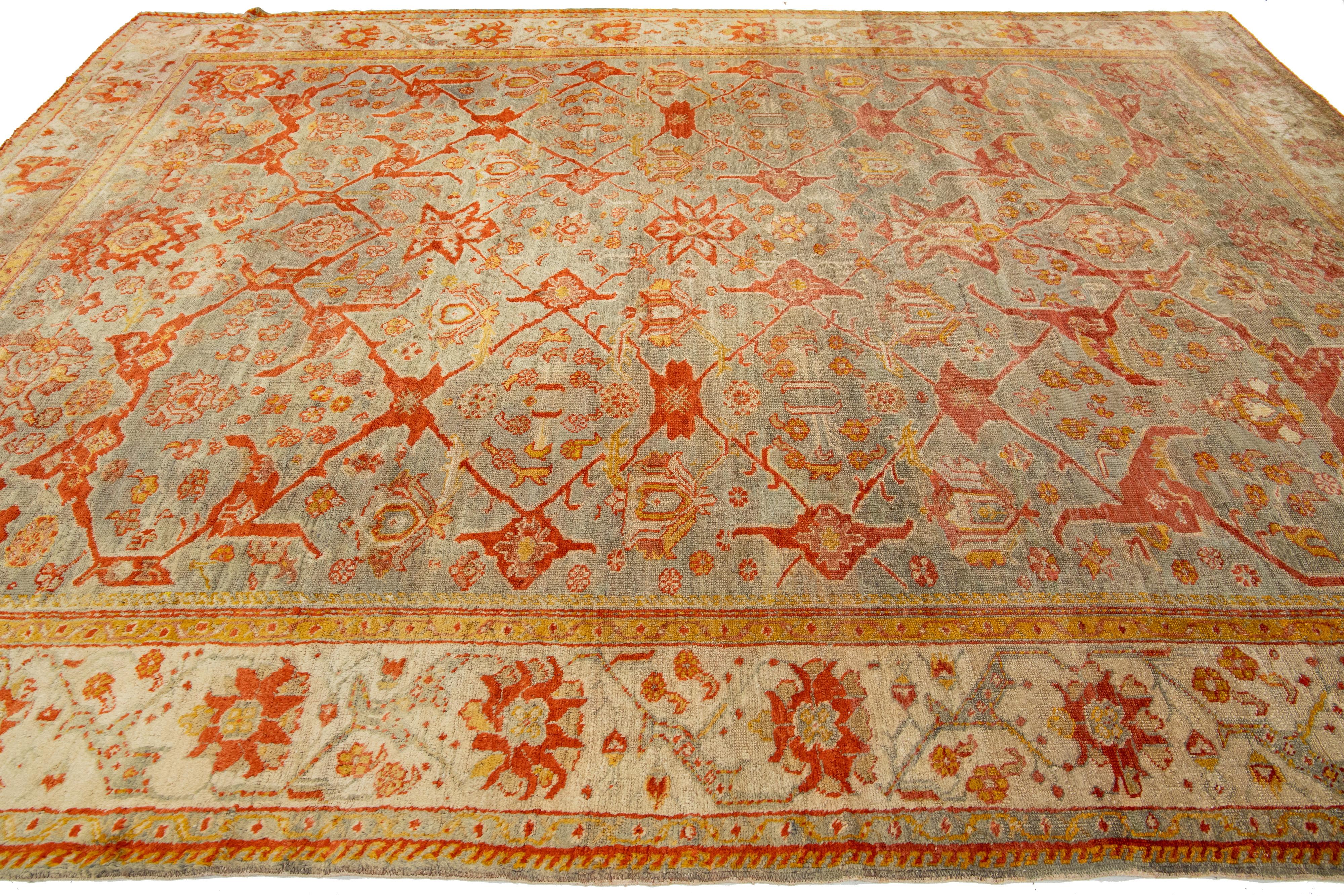 Turkish Oushak Antique Wool Rug Handmade Featuring a Floral Pattern In Rust  In Excellent Condition For Sale In Norwalk, CT
