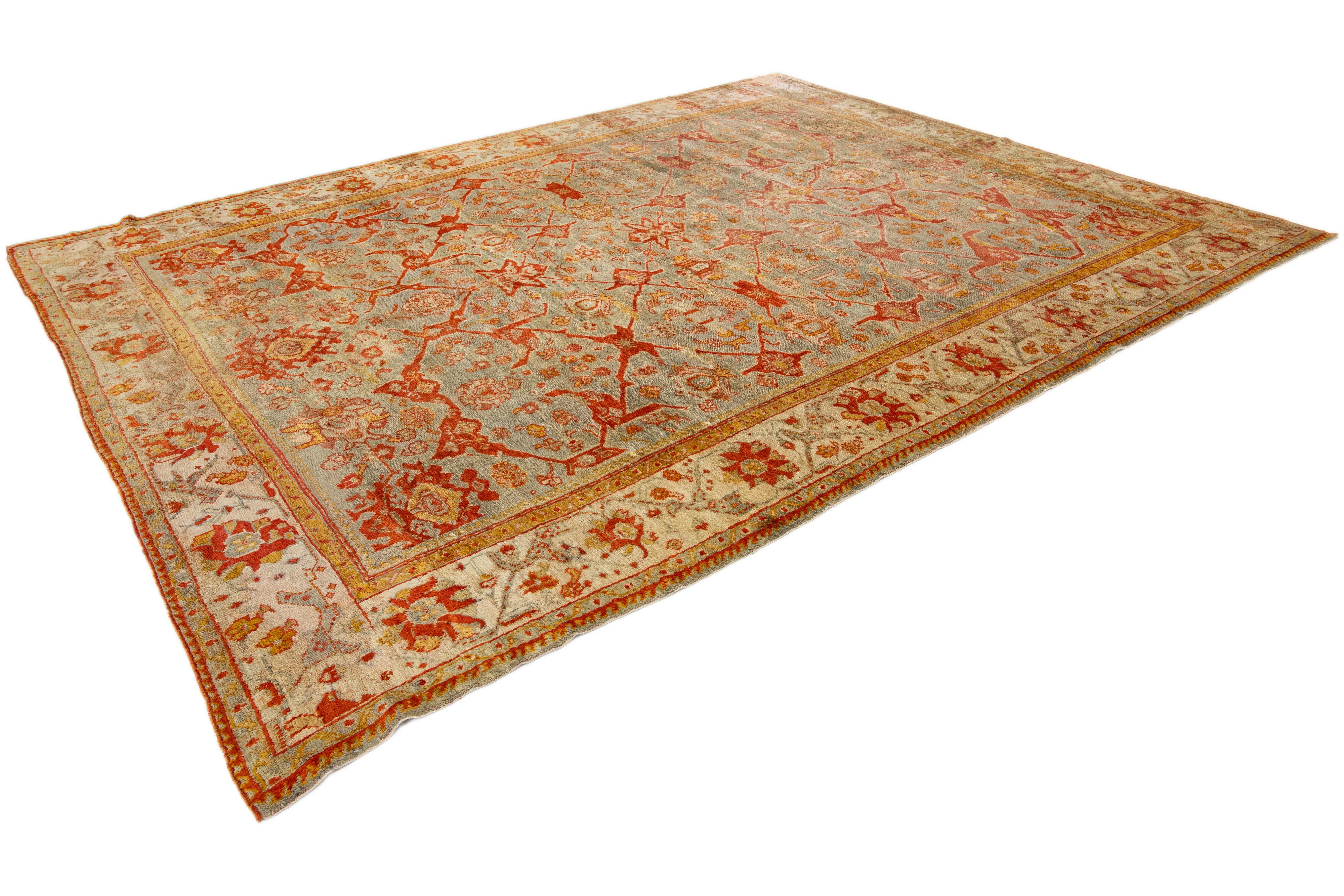 Turkish Oushak Antique Wool Rug Handmade Featuring a Floral Pattern In Rust  For Sale 3