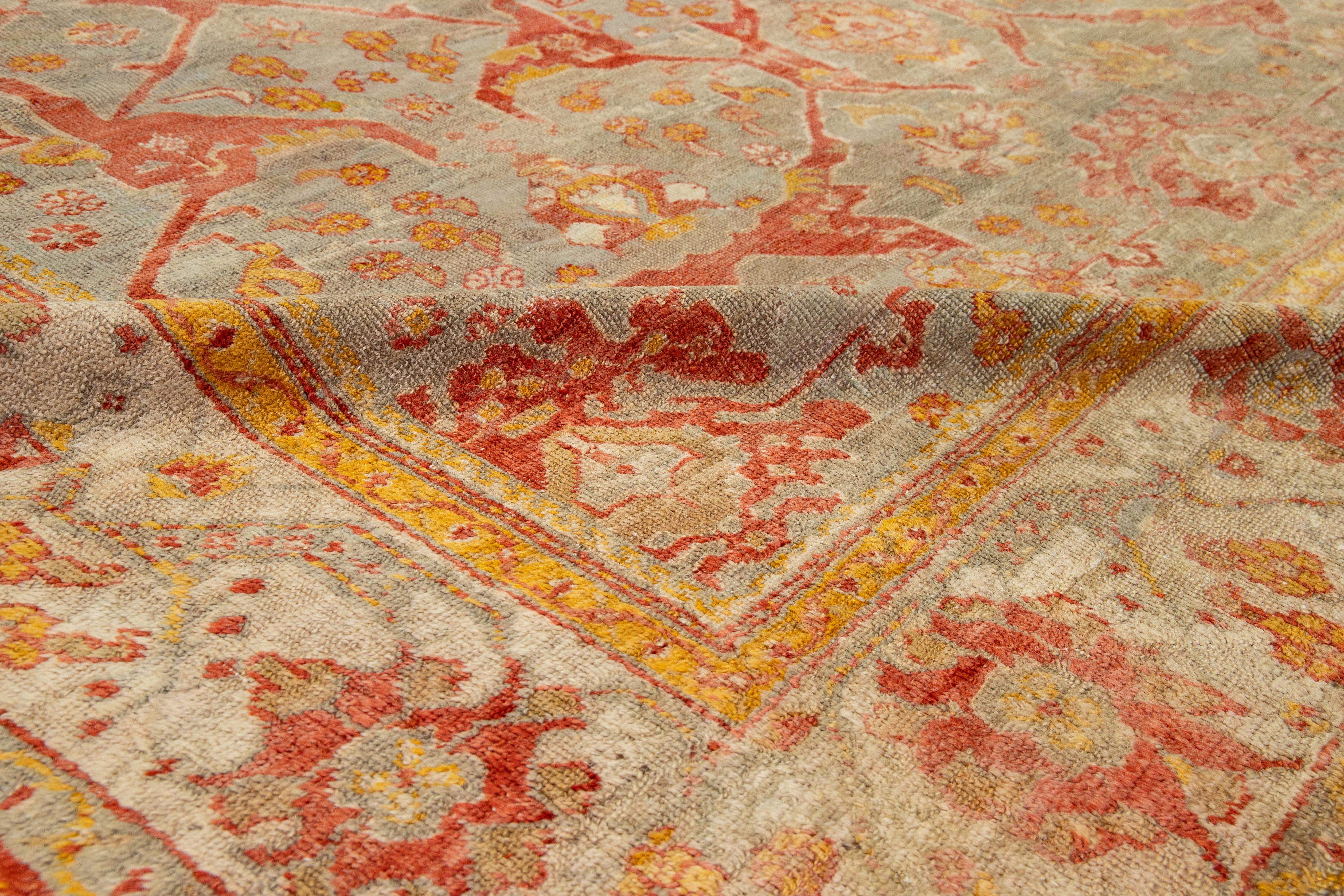 Turkish Oushak Antique Wool Rug Handmade Featuring a Floral Pattern In Rust  For Sale 4