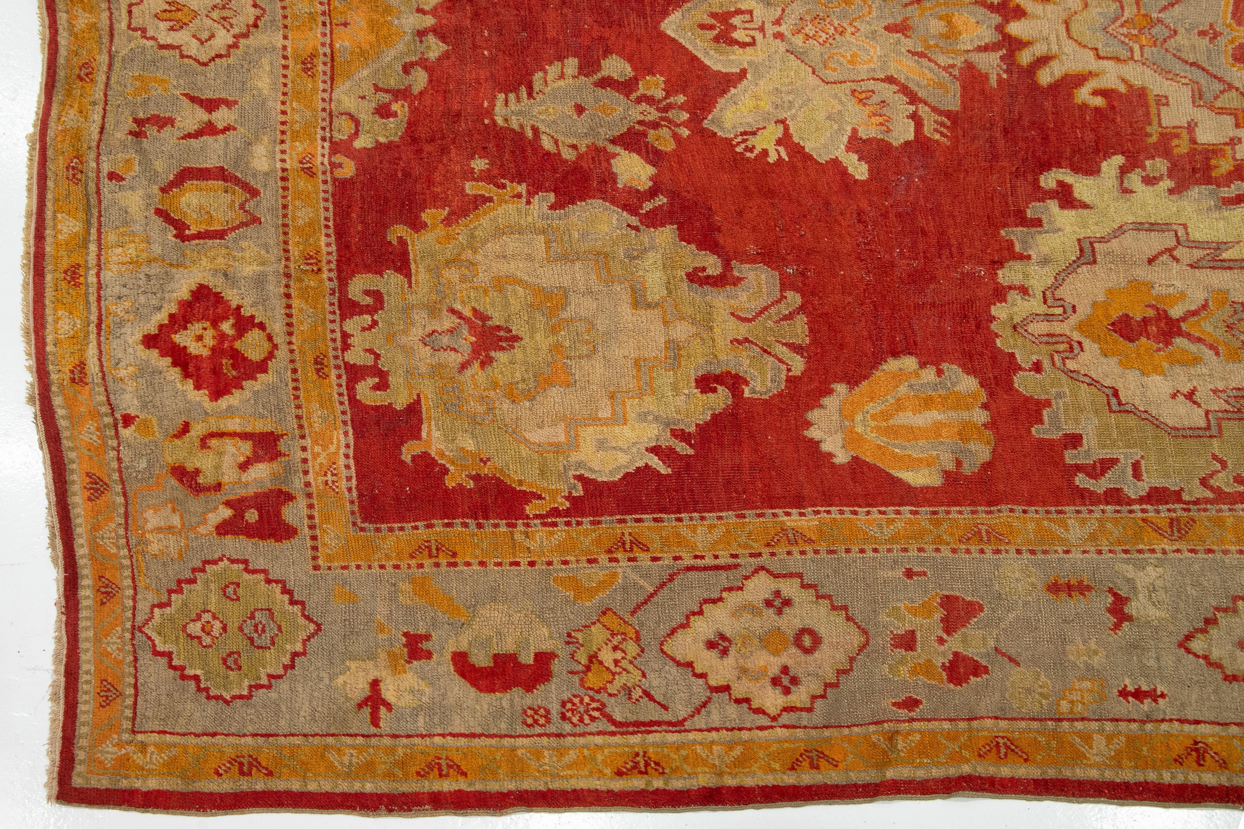Turkish Oushak Antique Wool Rug Handmade In Red Featuring a Floral Design For Sale 2