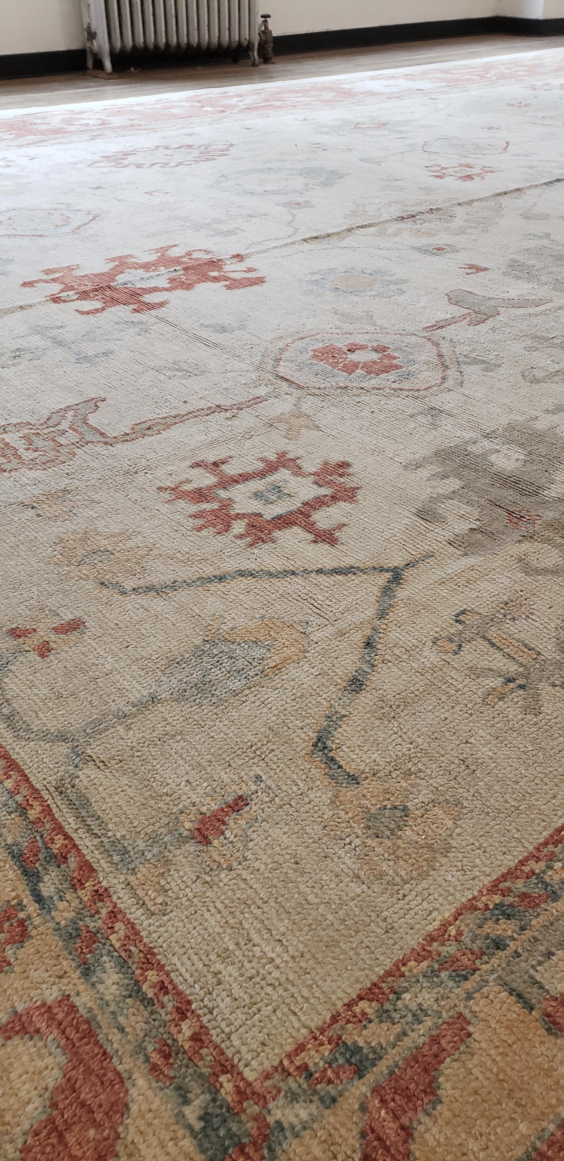 Turkish Oushak Carpet, 1950s, Handmade Oriental Rug, Beige, Taupe, Coral For Sale 3