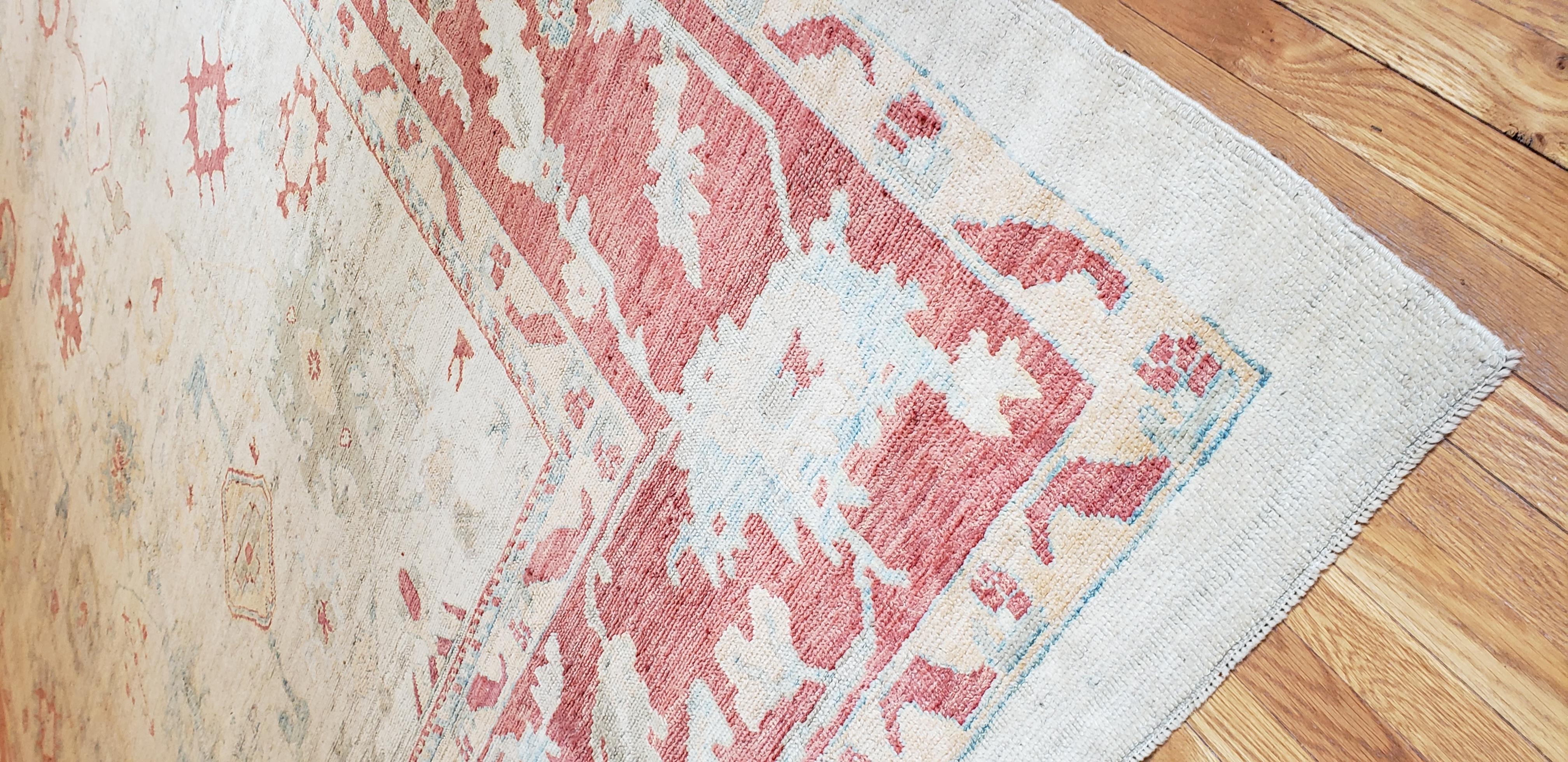 Turkish Oushak Carpet, 1950s, Handmade Oriental Rug, Beige, Taupe, Coral For Sale 1