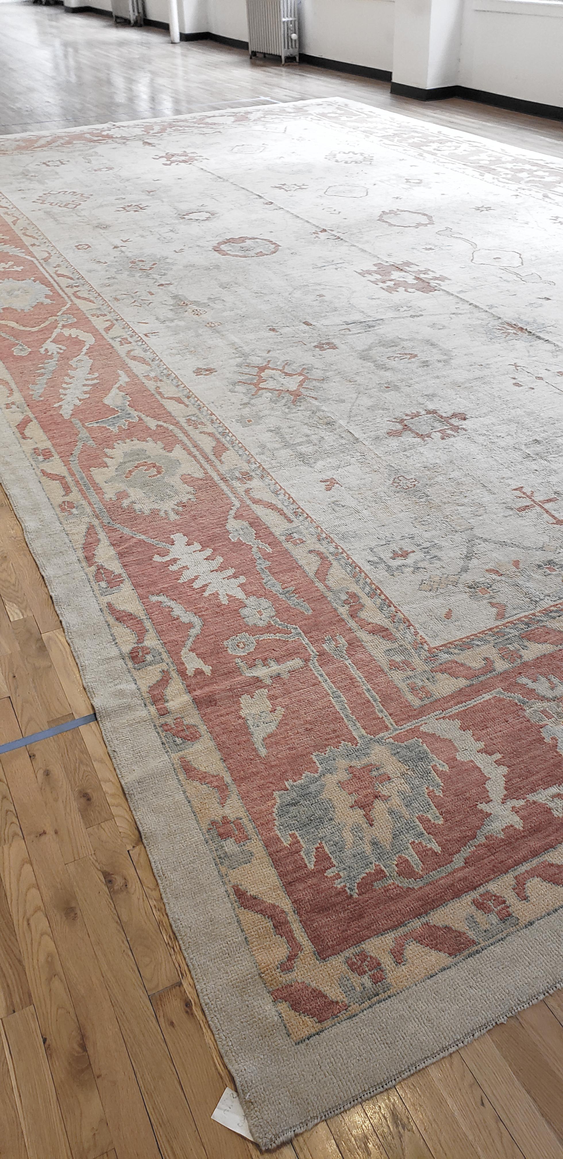 Turkish Oushak Carpet, 1950s, Handmade Oriental Rug, Beige, Taupe, Coral For Sale 2