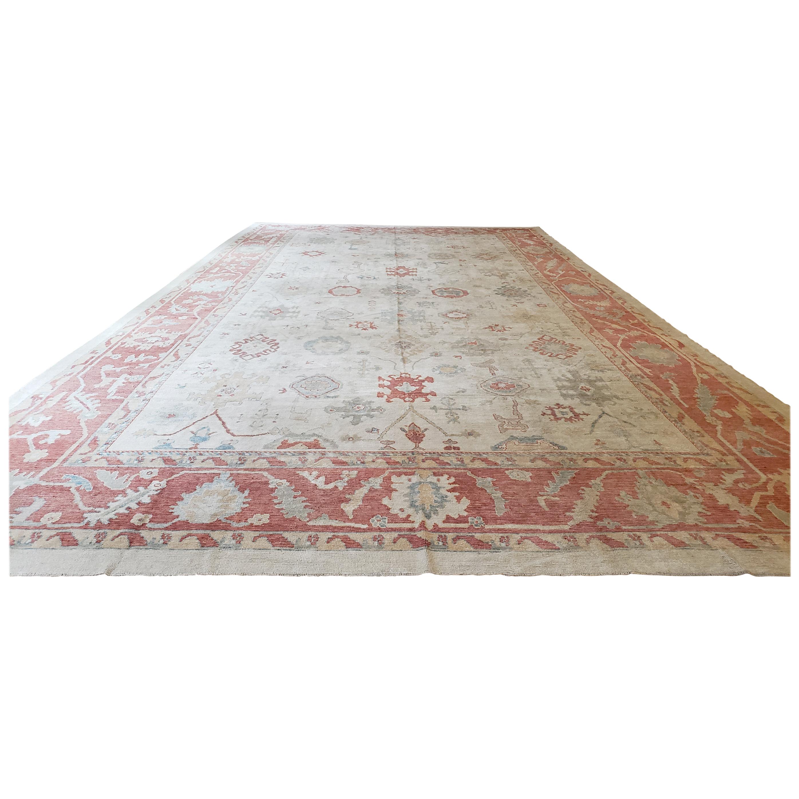Turkish Oushak Carpet, 1950s, Handmade Oriental Rug, Beige, Taupe, Coral For Sale