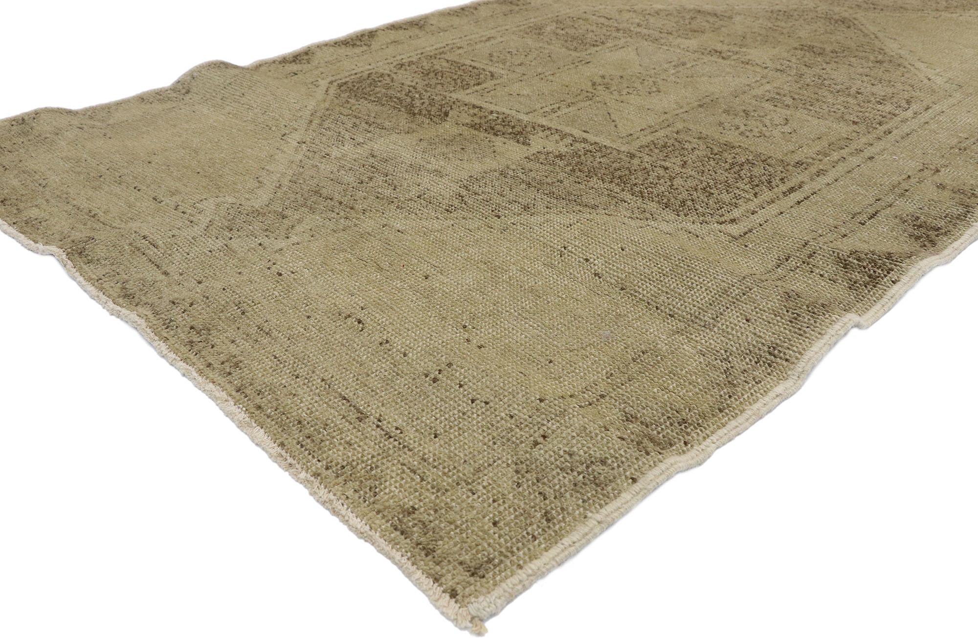 50830 Turkish Oushak Carpet Runner with Shaker Style and Muted 'Washed Out' Colors 03'06 x 12'10. This extraordinary vintage Turkish Oushak carpet runner features a modern design and muted washed out colors. The dramatic, yet simple geometric motifs