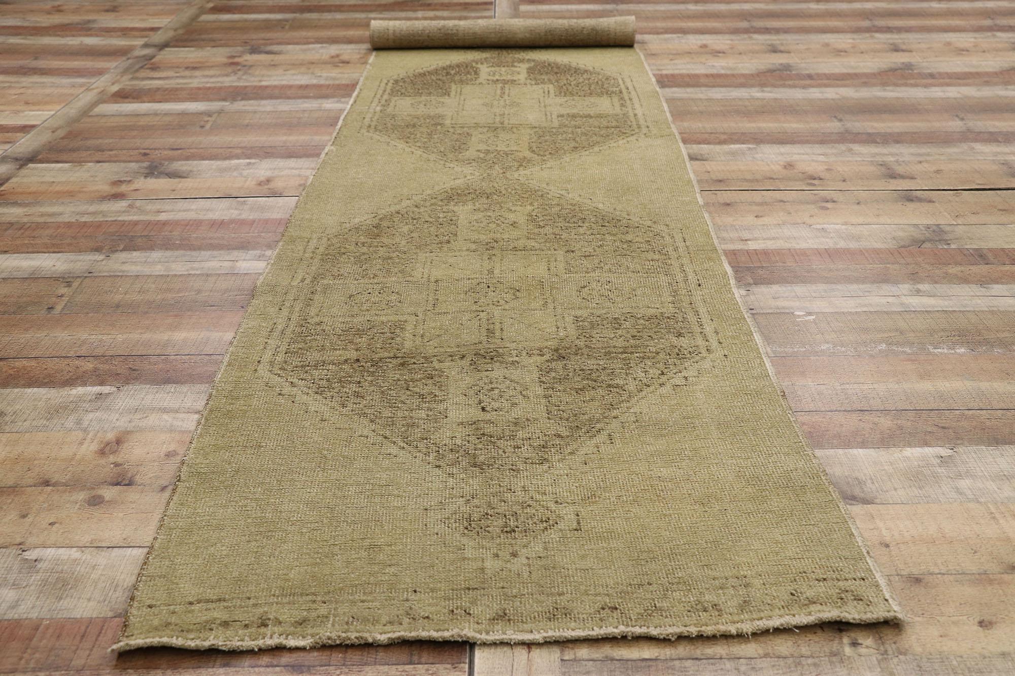 Turkish Oushak Carpet Runner with Modern Design and Muted 'Washed Out' Colors In Good Condition For Sale In Dallas, TX