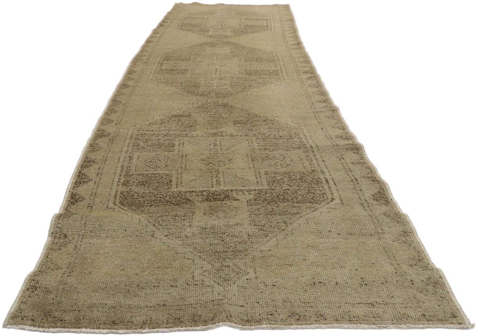 Hand-Knotted Turkish Oushak Carpet Runner with Shaker Style and Muted 'Washed Out' Colors For Sale