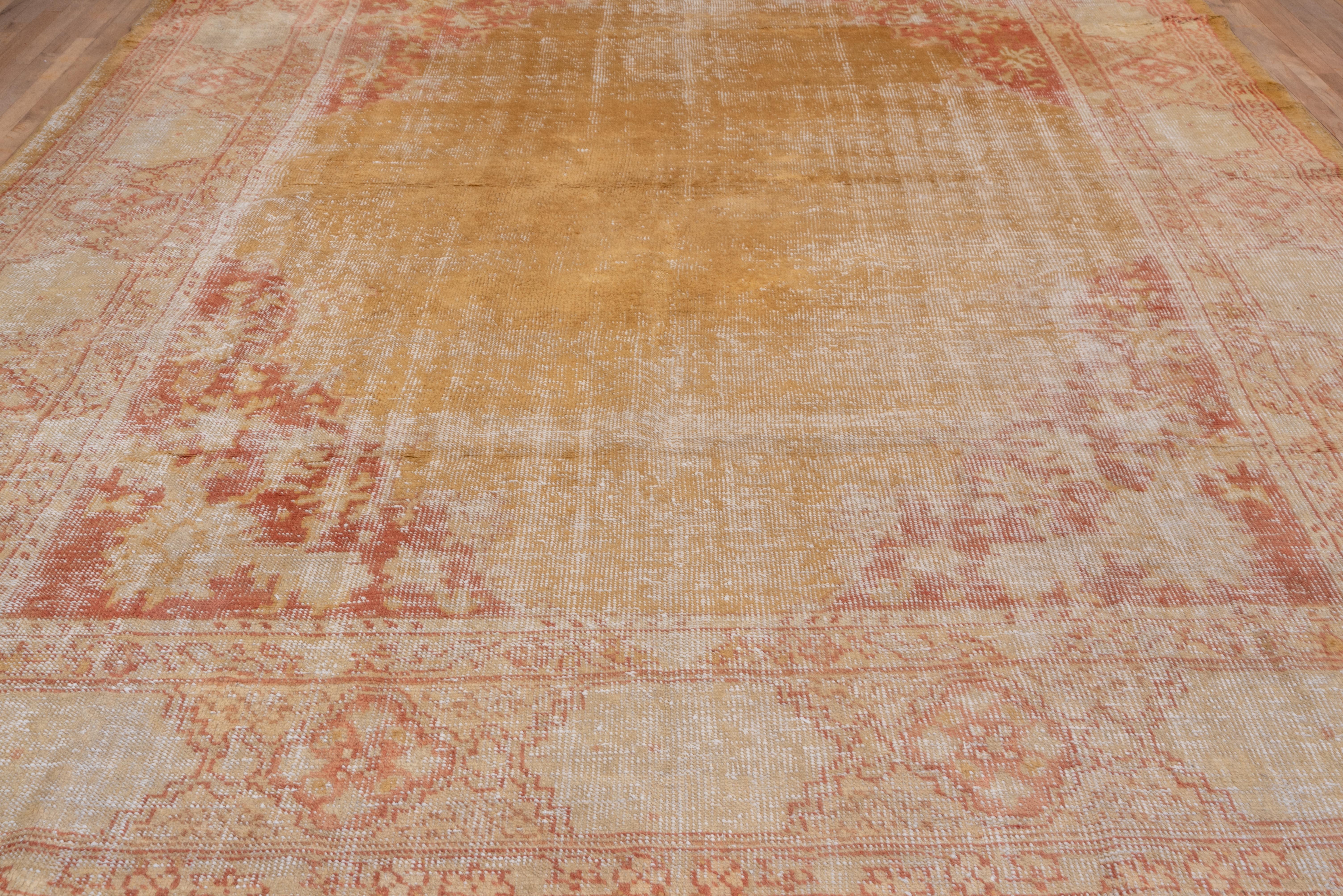 Hand-Knotted Turkish Oushak Carpet, Yellow Field, Lightly Distressed