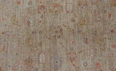 Turkish Oushak Floral Design with Color on A Taupe Field and Ivory Border