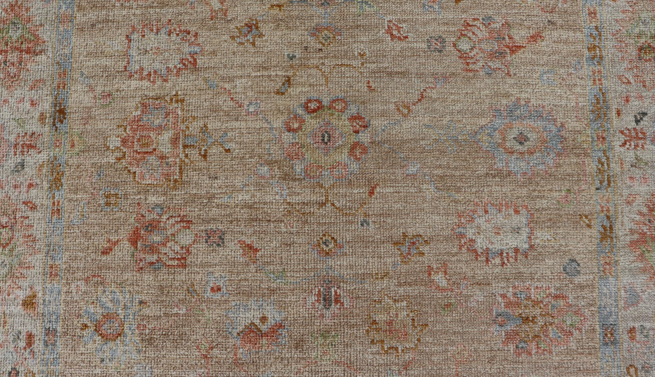 Turkish Oushak Floral Design with Color on A Taupe Field and Ivory Border  For Sale 2