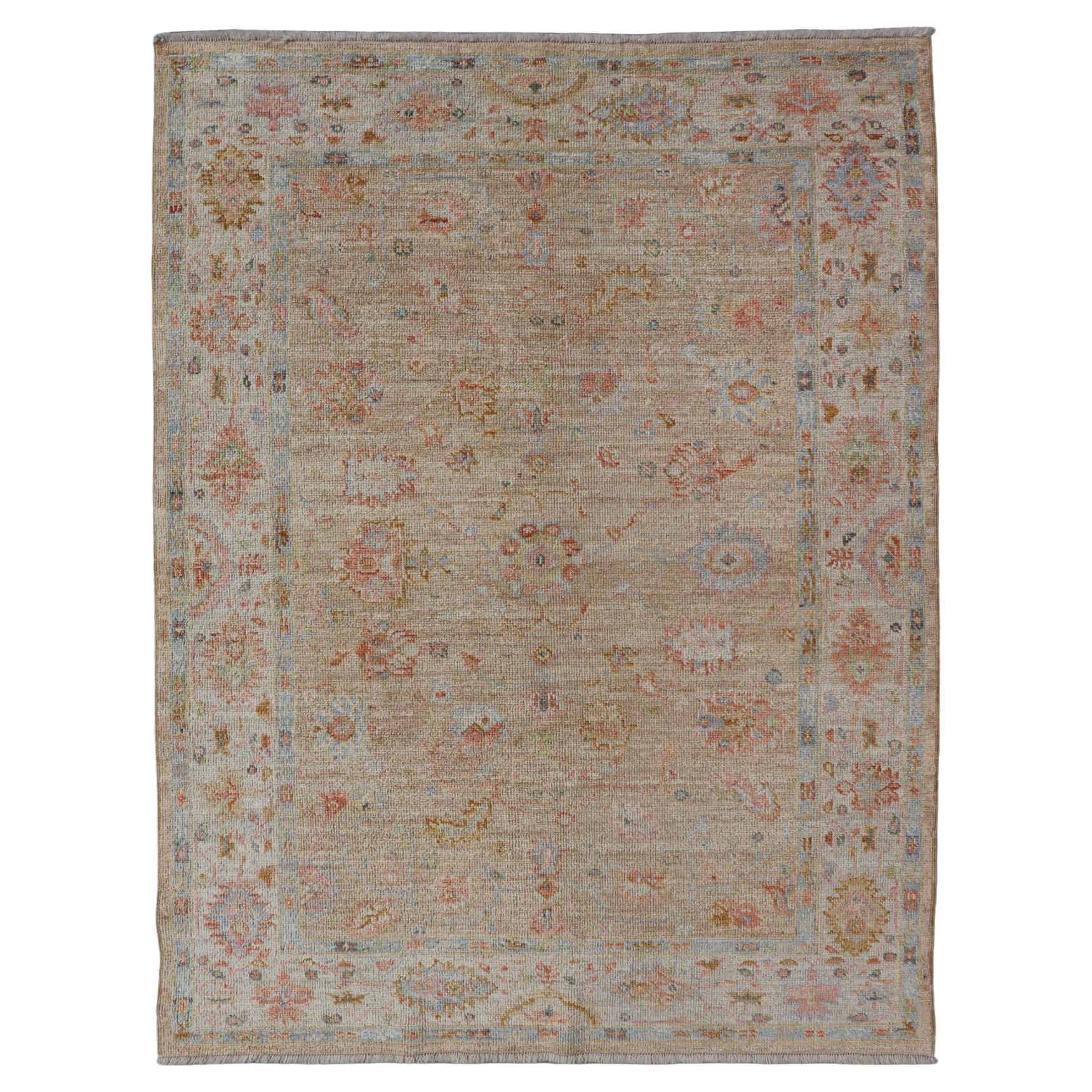 Turkish Oushak Floral Design with Color on A Taupe Field and Ivory Border  For Sale