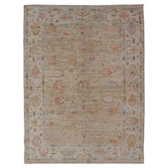 Turkish Oushak Floral Design with Color on A Taupe Field and Ivory Border 