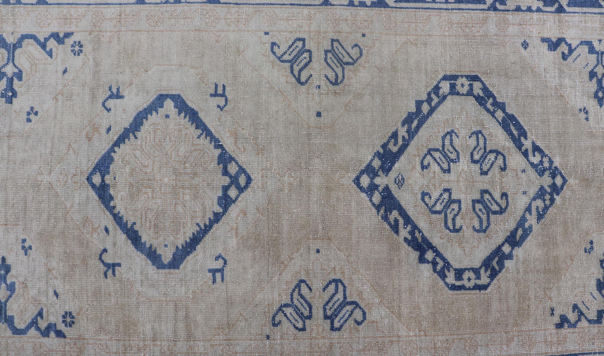 Turkish Oushak Gallery Rug in Blue and Cream with Geometric Design For Sale 5