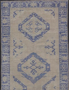 Turkish Oushak Gallery Rug in Blue and Cream with Geometric Design