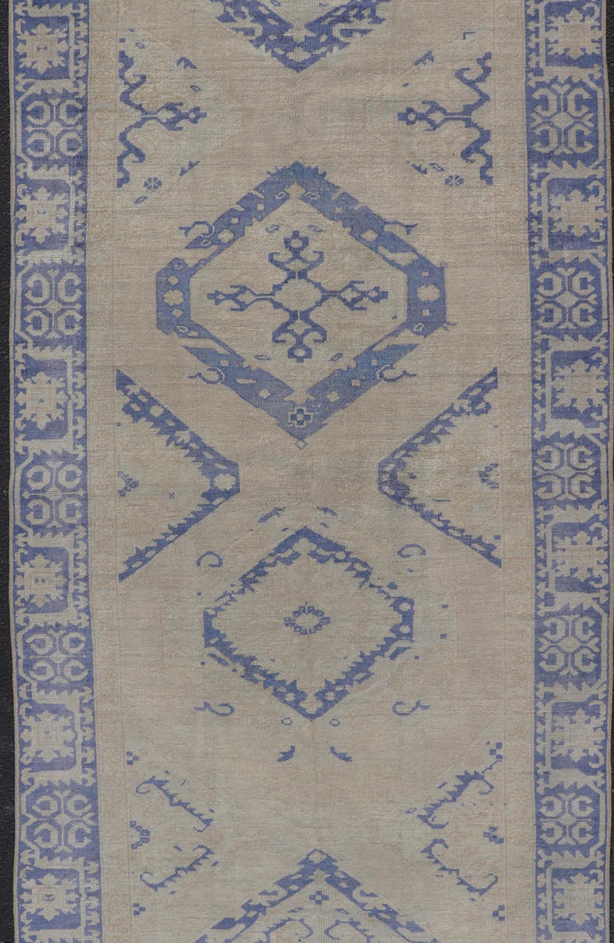 Hand-Knotted Turkish Oushak Gallery Rug in Blue and Cream with Geometric Design For Sale