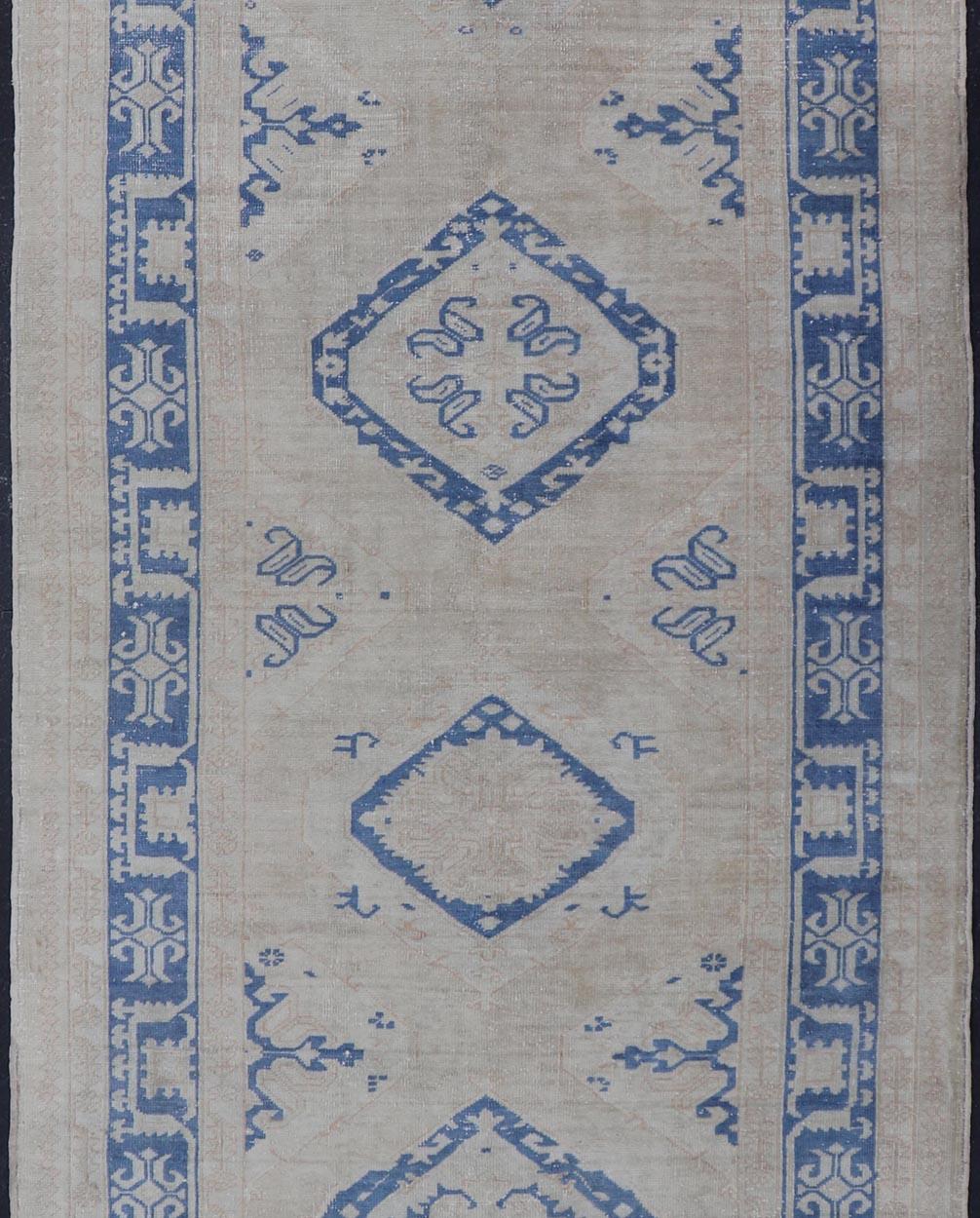 Hand-Knotted Turkish Oushak Gallery Rug in Blue and Cream with Geometric Design For Sale