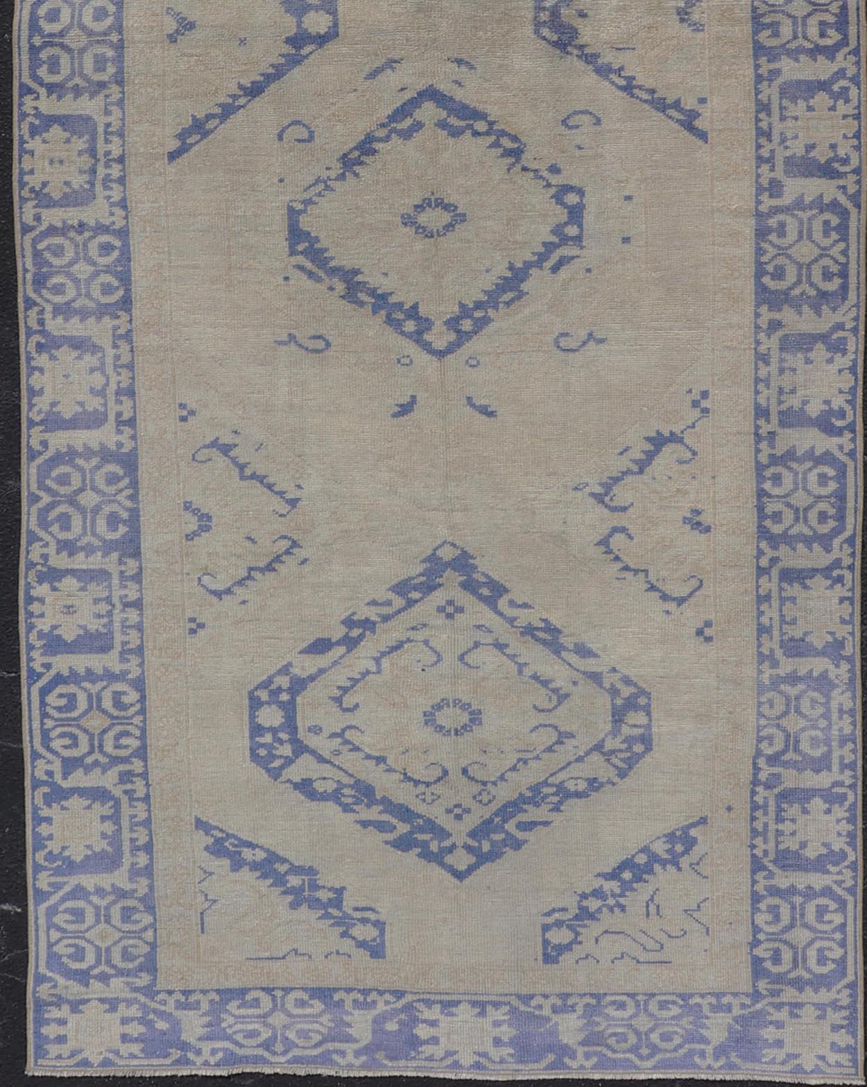 Turkish Oushak Gallery Rug in Blue and Cream with Geometric Design In Good Condition For Sale In Atlanta, GA