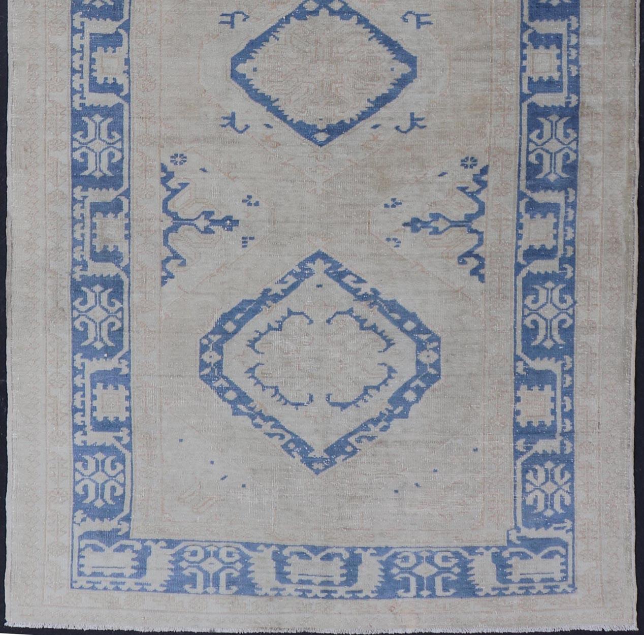 Turkish Oushak Gallery Rug in Blue and Cream with Geometric Design In Good Condition For Sale In Atlanta, GA
