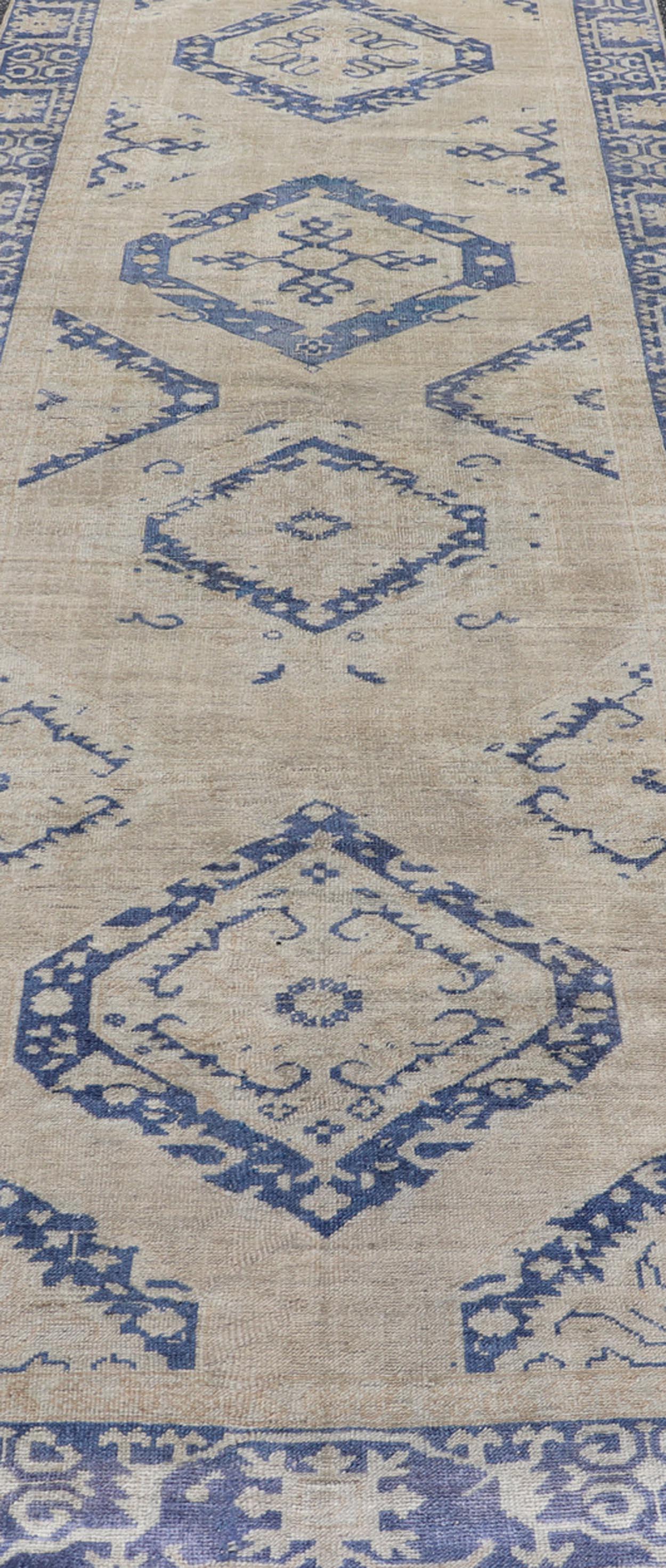20th Century Turkish Oushak Gallery Rug in Blue and Cream with Geometric Design For Sale