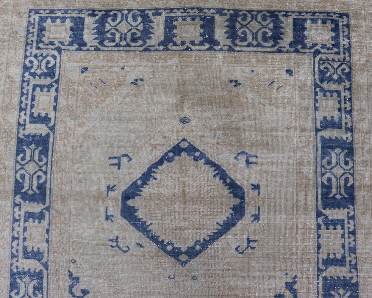 Wool Turkish Oushak Gallery Rug in Blue and Cream with Geometric Design For Sale