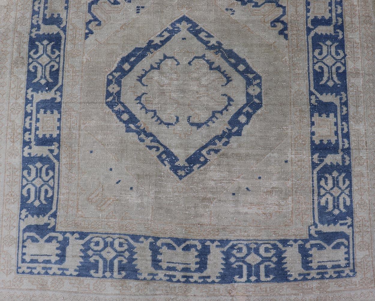 Turkish Oushak Gallery Rug in Blue and Cream with Geometric Design For Sale 1