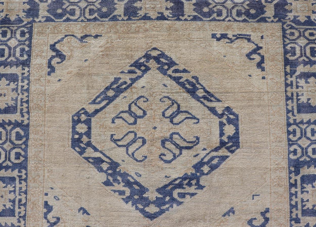 Turkish Oushak Gallery Rug in Blue and Cream with Geometric Design For Sale 2