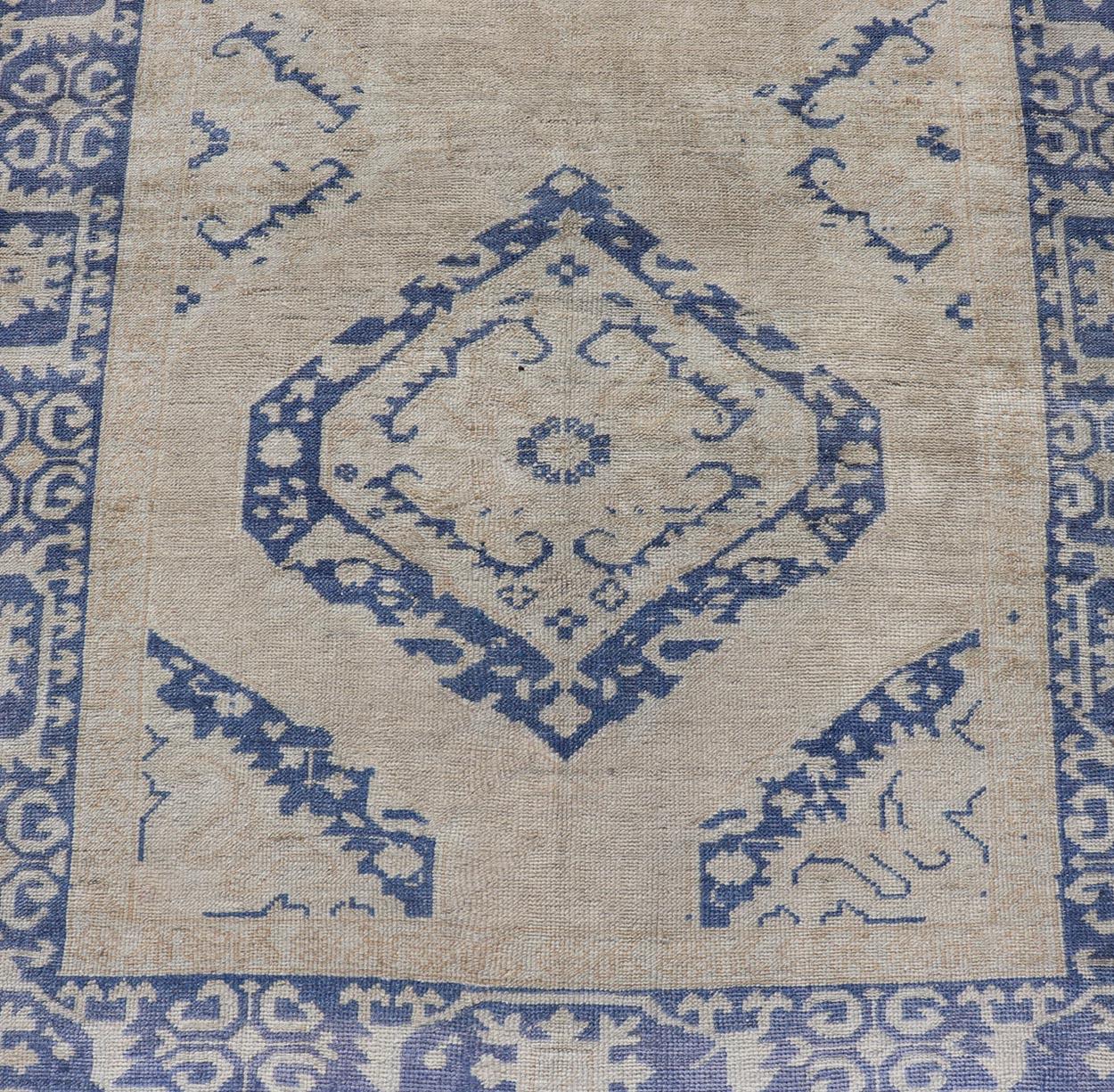 Turkish Oushak Gallery Rug in Blue and Cream with Geometric Design For Sale 3