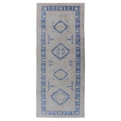 Vintage Turkish Oushak Gallery Rug in Blue and Cream with Geometric Design